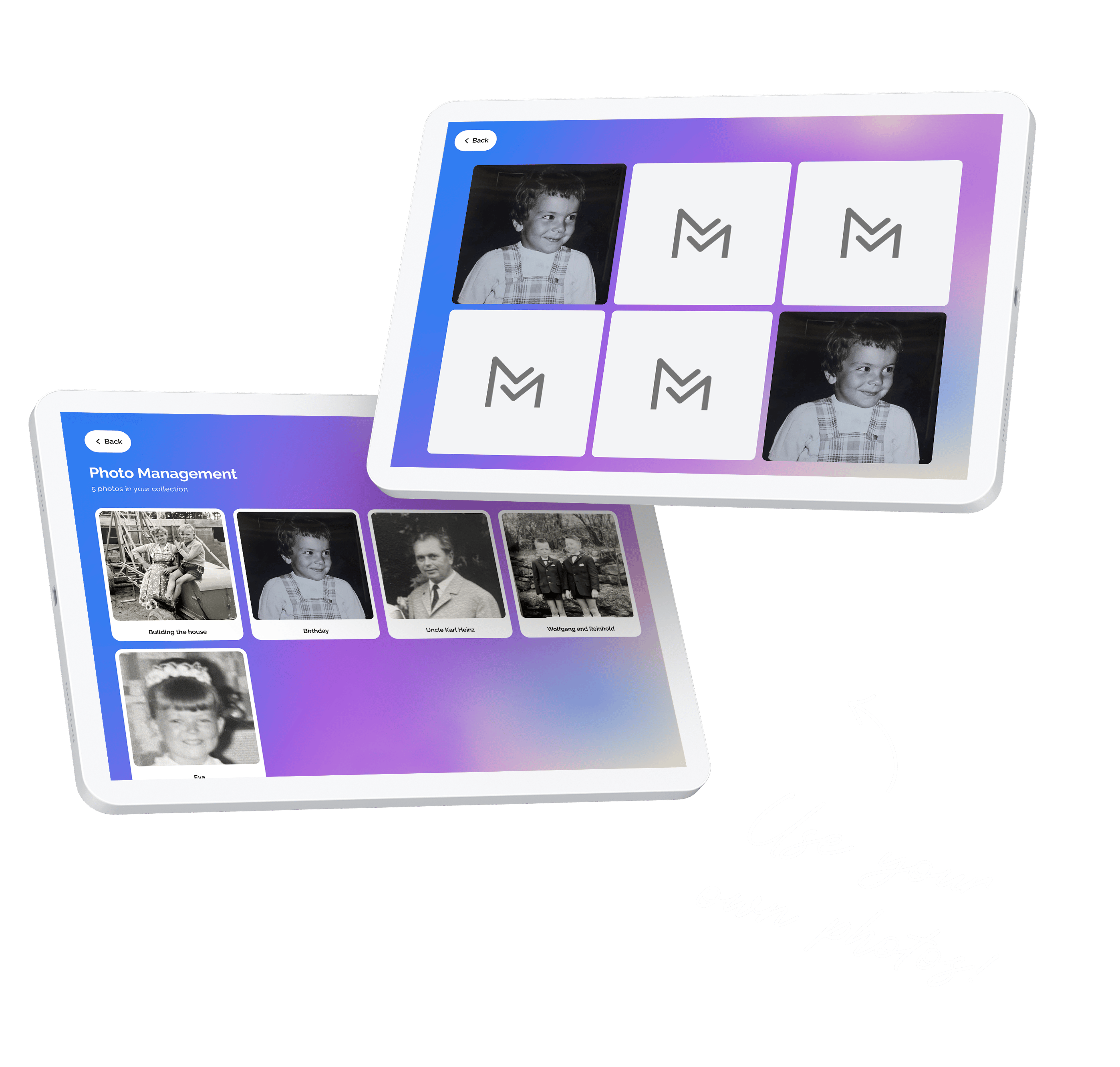 Two tablets display the app's content.